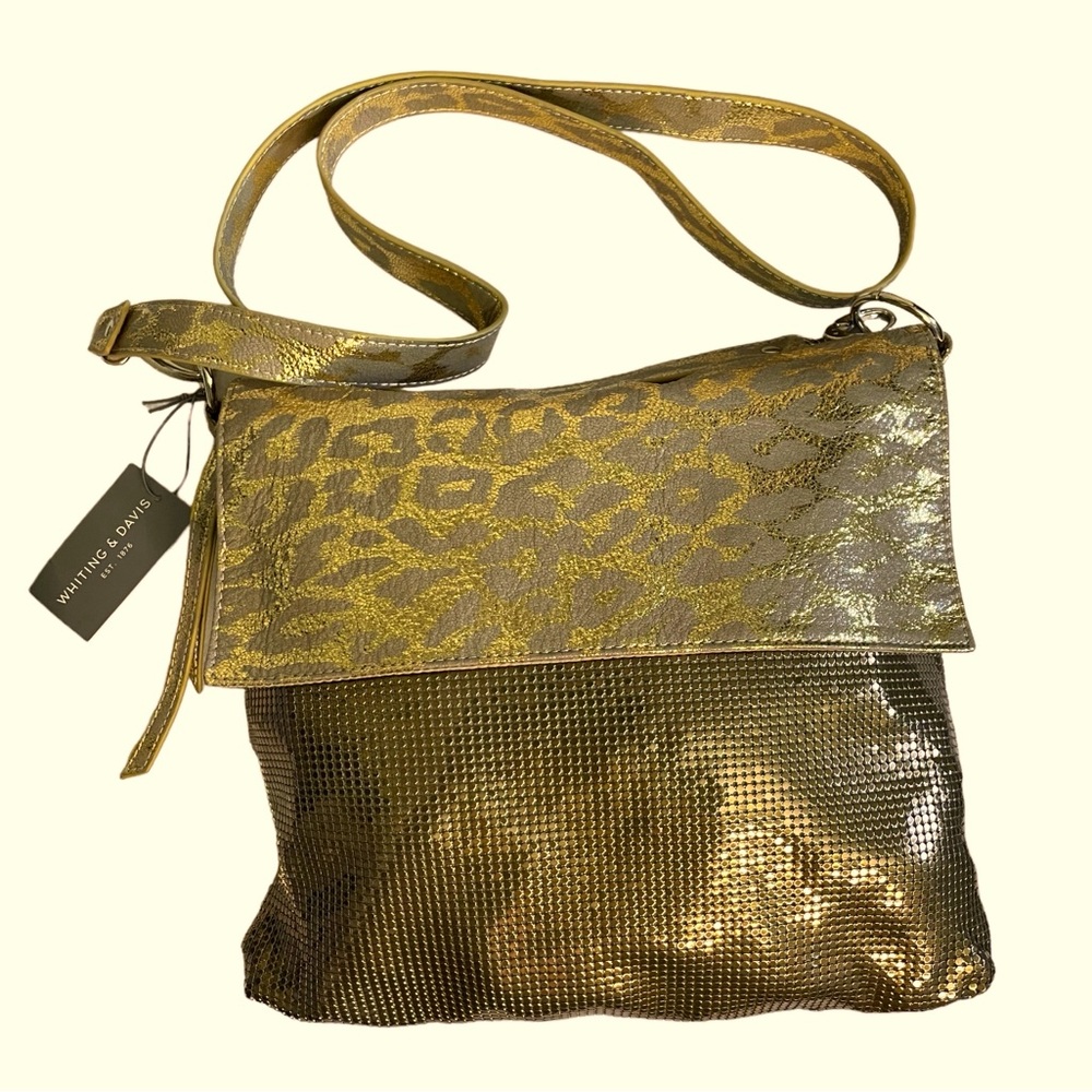 Whiting & Davis Gold Brass Mesh 11" Crossbody/ Shoulderbag Snakeskin Print FLAW